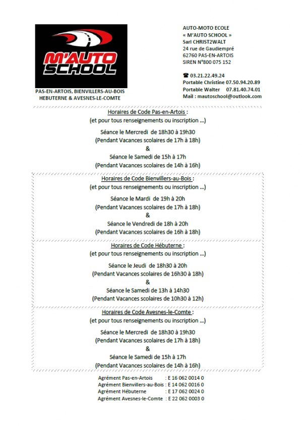 Horaires auto ecole 1